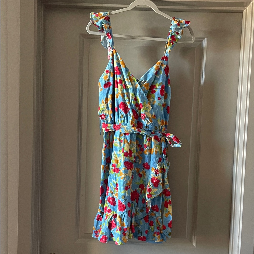 NWT LC Lauren Conrad Light Blue Floral Dress with Red & Yellow Accents